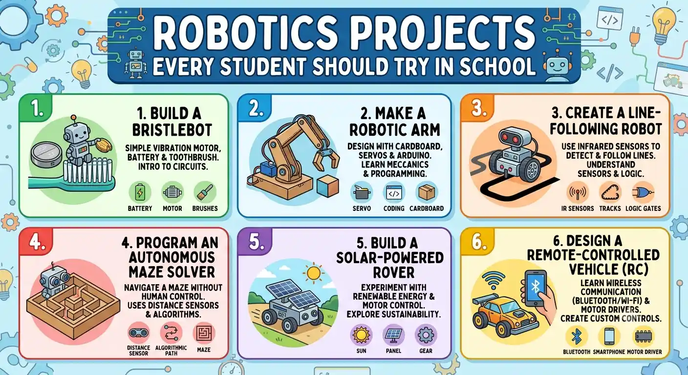 Discover the best robotics projects every student should try in school. Learn how robotics projects improve creativity, coding, STEM skills, and problem-solving while preparing students for future careers.
