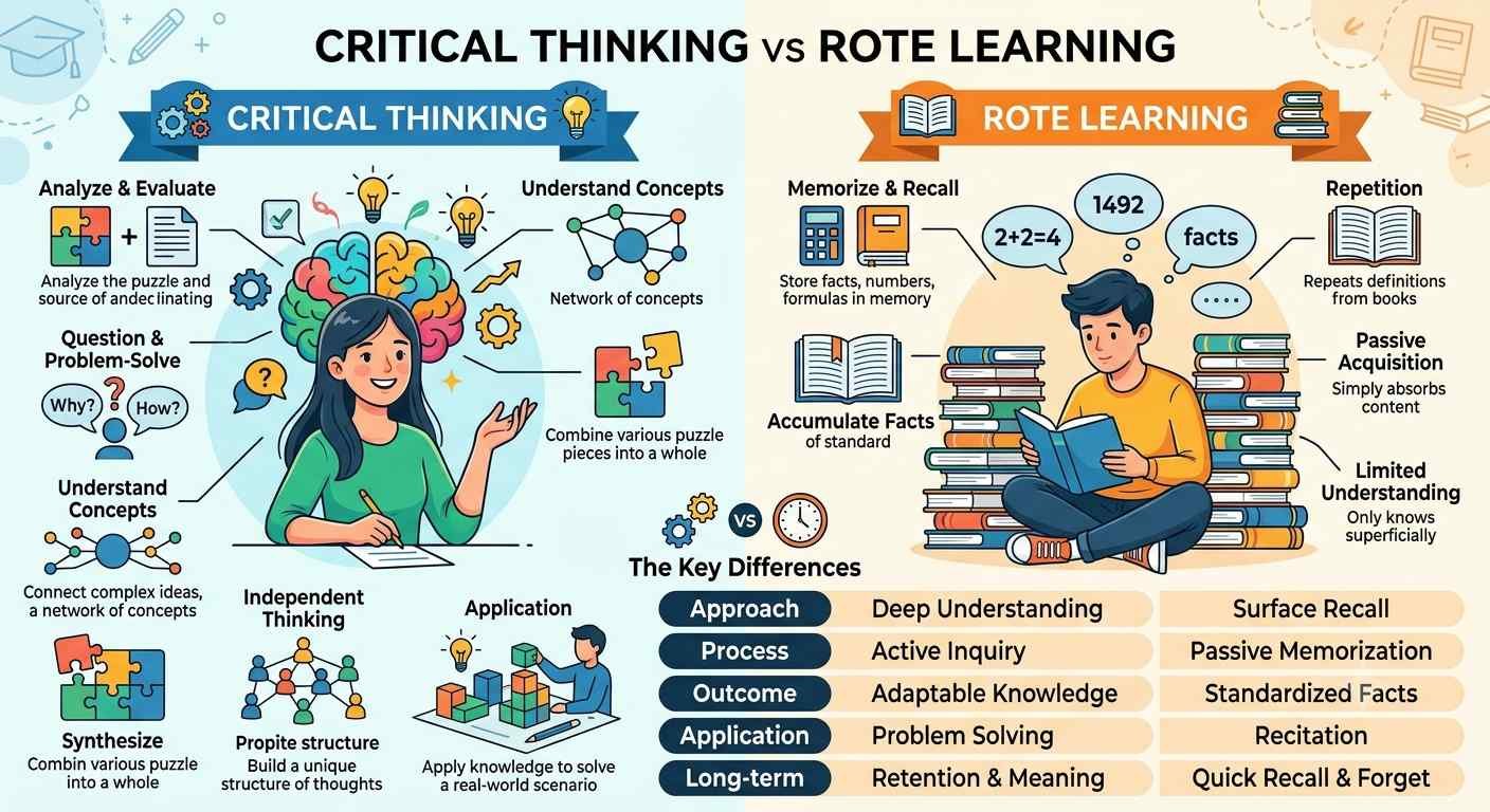 Discover the difference between critical thinking vs rote learning, their impact on student success, and why modern education focuses on developing future-ready skills.