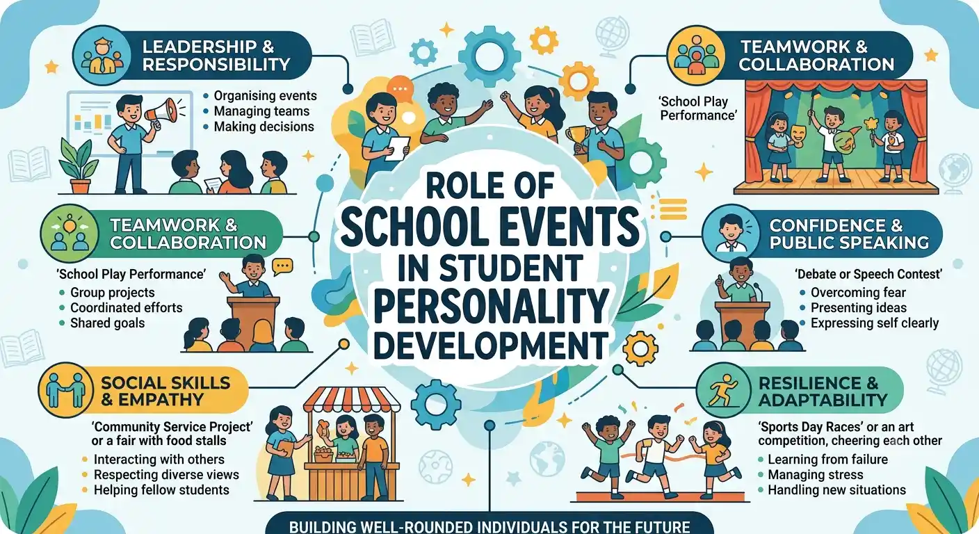 Discover how school events in student personality development help build confidence, leadership, communication, teamwork, and creativity. Learn why extracurricular activities are essential for holistic education.