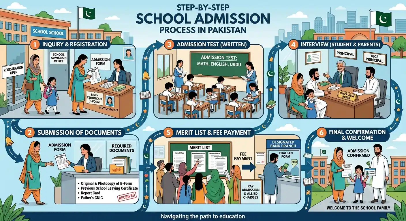 Learn the complete school admission process in Pakistan with this step-by-step guide for parents. Understand requirements, documents, interviews, and admission timelines.