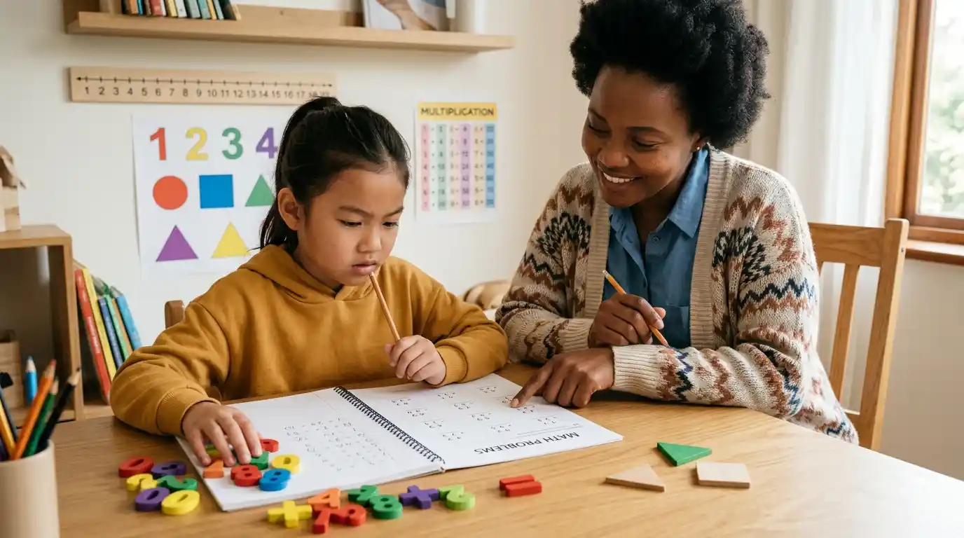 Child struggling with mathematics and learning math skills with parental support